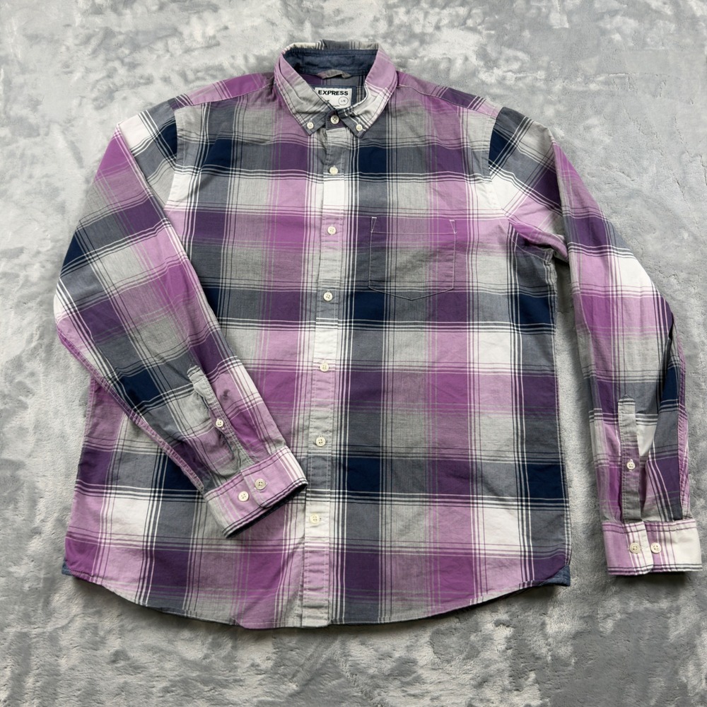 Express Slim Soft Wash Mens Large Purple Grey Plaid Button Up Shirt Long Sleeve